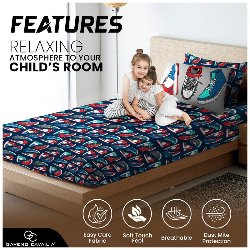 Kids Pattern Print Fitted Sheet Set Polycotton Bedding with Pillowcase Elasticated Edges Secure Fit Soft Breathable Easy Care Durable