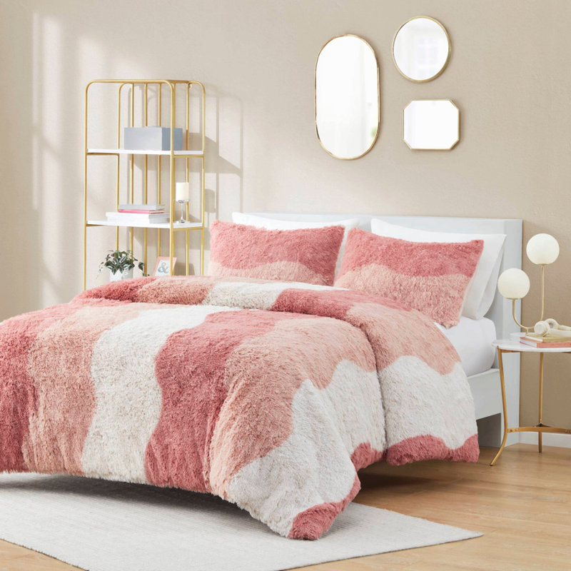 Literie 2 pièces en fausse fourrure shaggy ombrée, rose poudré multicolore, taille Twin/Twin XL