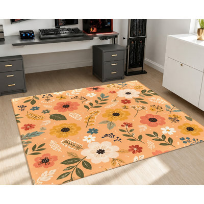 Tapis à imprimé floral, motif de fleurs blanc orange, surface en velours, tapis antidérapant, décoration intérieure élégante pour le salon, la chambre à coucher, le vestibule, la porte d'entrée, la cuisine, le balcon, appartement
