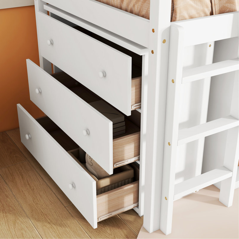 Lit mezzanine simple avec rangement et bureau coulissant en bois d'hévéa blanc, Blanc