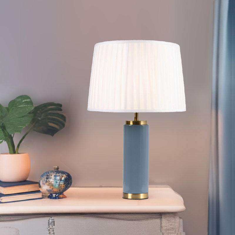 Cylinder 55cm Metal Ceramic look Table Lamp, Blue, Ivory