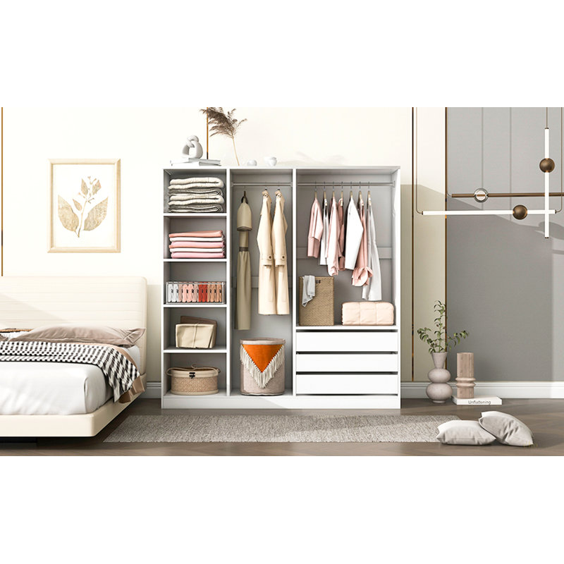 Doorless Wooden Storage Wardrobe For Dedroom With Shelves And 3 Drawers, White