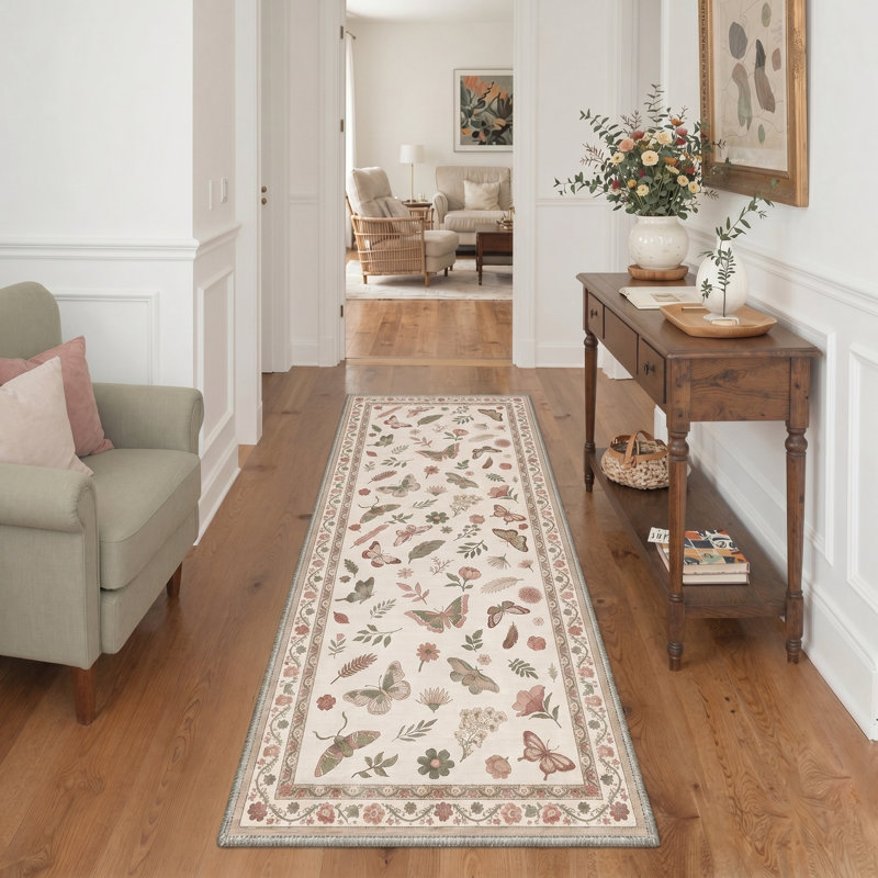 Adonis Seraph Floral Machine Washable Beige / Green / Pink Indoor Area Rug with Non-Slip Backing, Runner 2'6" x 8'