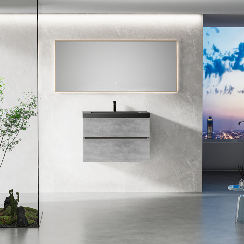 Meuble-lavabo mural flottant gris ciment 30 po, lavabo à sable en quartz noir, tiroirs à fermeture en douceur, peu encombrant, construction avec évier, sable, armoire, lavabo facile à nettoyer