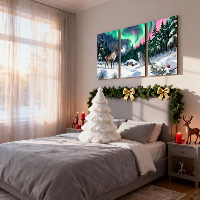 Christmas Northern Lights Deer Wolf Snow Forest Pine Berry Set of 3 Canvas Wall Art Prints