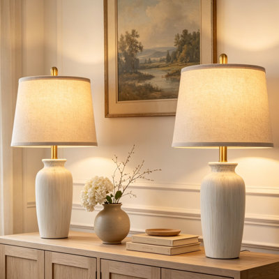 Lampe de table 24,5 po en céramique moderne avec abat-jour en tissu avoine, interrupteur à 2 voies, ampoule DEL 3000K incluse