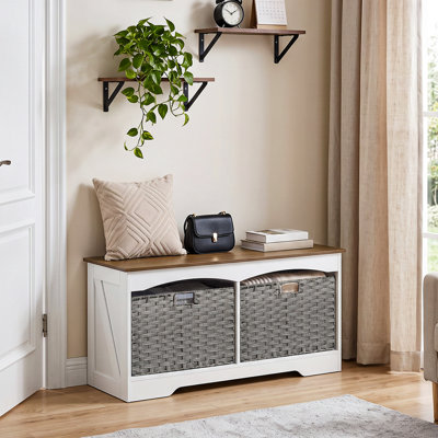 Toy Storage Bench with 2 Foldable Woven Baskets,Storage Bench