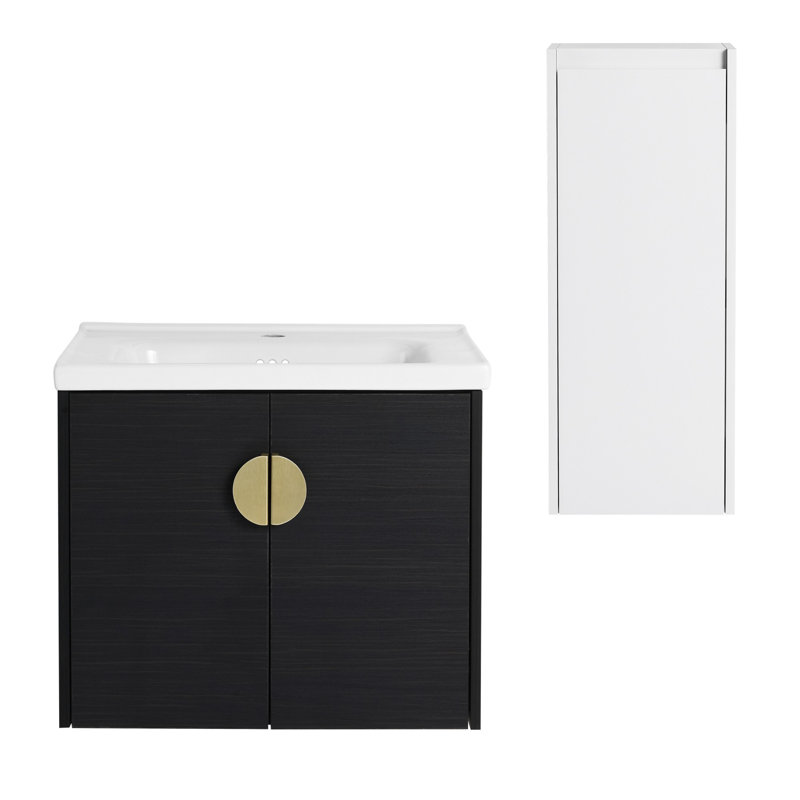 Meuble-lavabo mural de 24 pouces de qualité minimaliste avec lavabo en céramique et armoires latérales