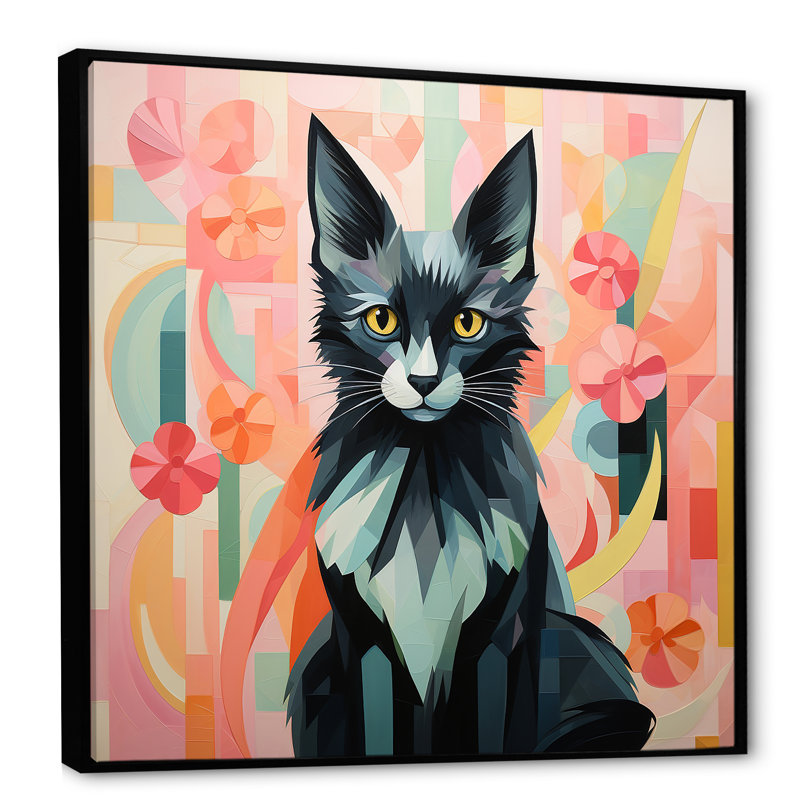 «Black Playful Cat Floral Meadows» - art mural chat, H 16 po x l 16 po x P 1 po, Cadre flottant noir