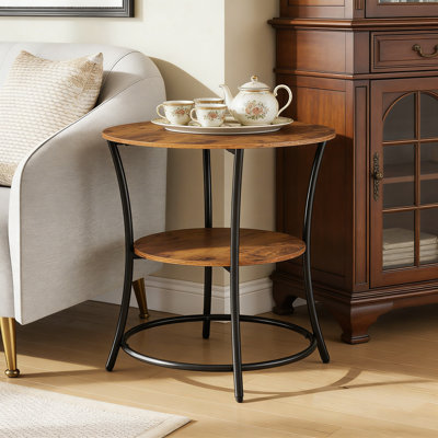 Round Side Table With Two Storage Shelves, Steel Frame Accent Table For Living Room, Bedroom, Or Small Spaces, Rustic Brown Finish
