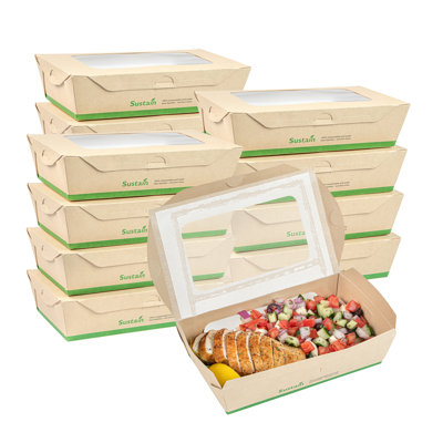 Restaurantware-Sustain 35 Ounce Sturdy Paper Take Out Boxes, 50 Disposable Take Out Food Containers - With PLA lining, Two Clear PLA Windows, Bamboo Paper Containers, Compostable, Tab-Lock Design