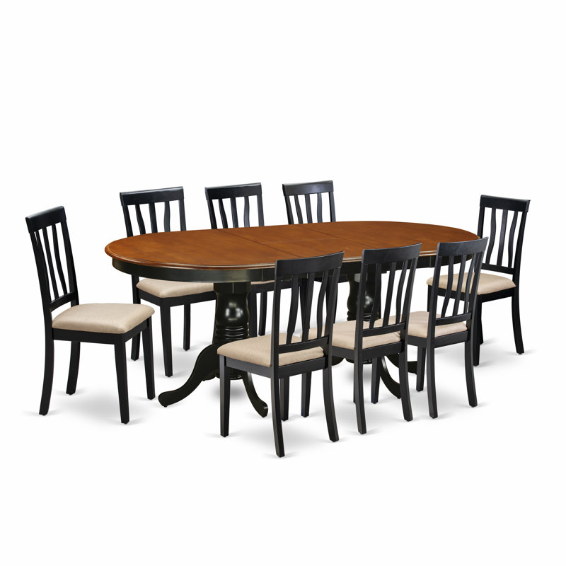 9 Piece Dining Table Set Includes an Oval Dinner Table with Butterfly Leaf and 8 Linen Fabric Dining Room Chairs, Black & Cherry