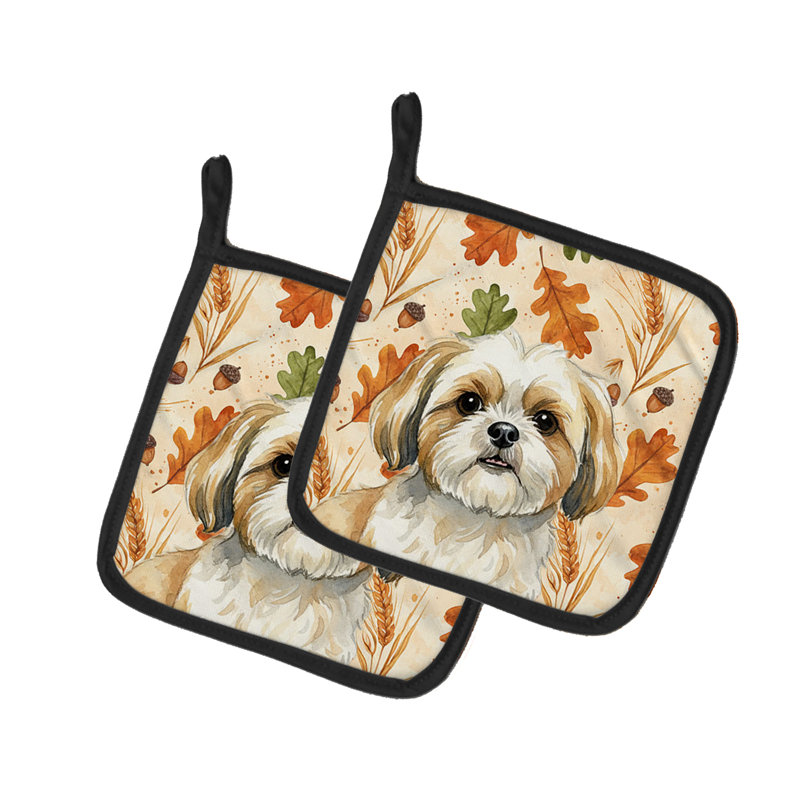 Paire de porte-casseroles dorés et blancs Shih Tzu