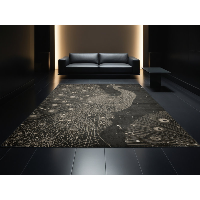 Machine Washable Pavle Posh & Luxe Starburst Rug in Black – Black Binding, 3 x 5