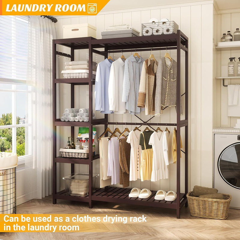 Bamboo Clothes Rack Garment Rack For Hanging Clothes, He...