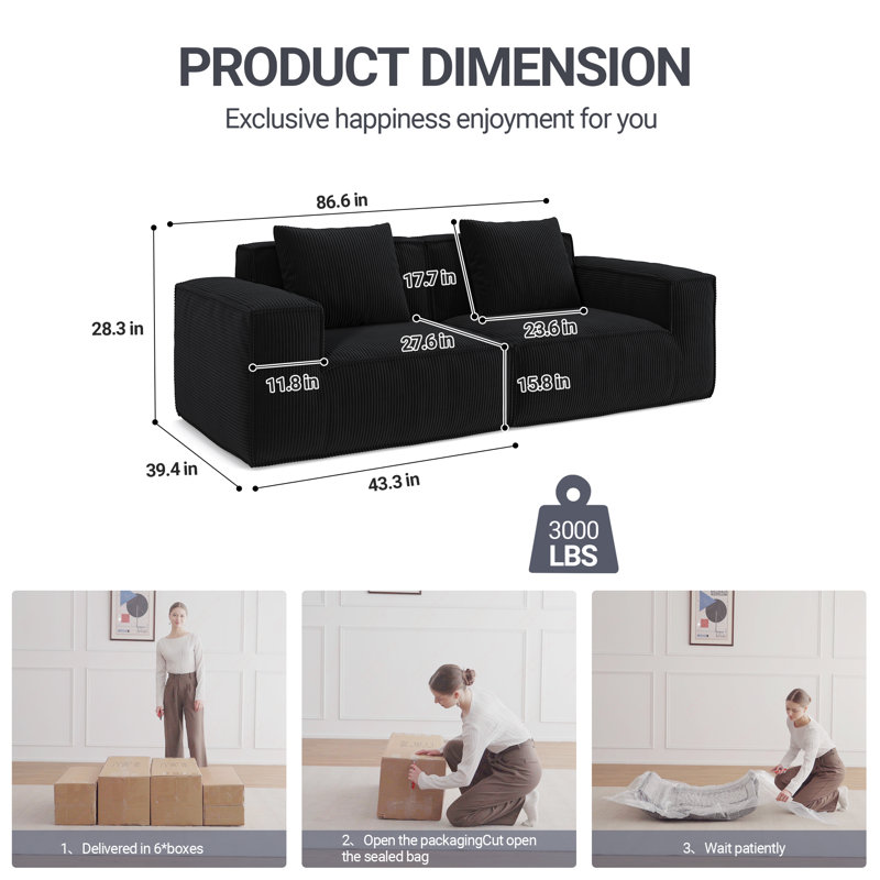 Canapé modulaire modulaire à conversion libre, 2, H 28,3 po x l 86,6 po x P 39,4 po, Noir, noir, noir, noir