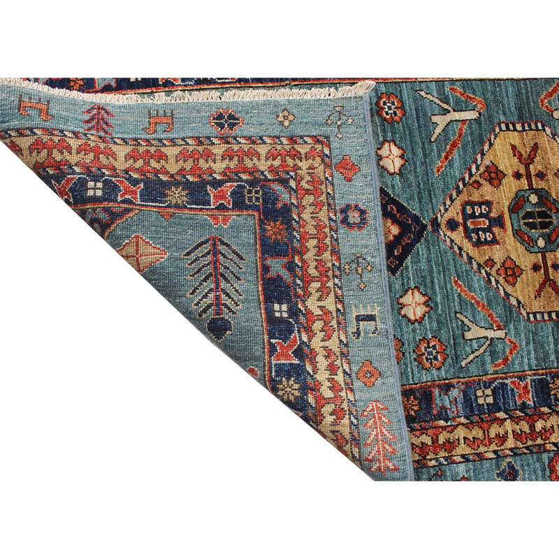 Tapis unique vert / rouge / bleu marine noué à la main de haute qualité