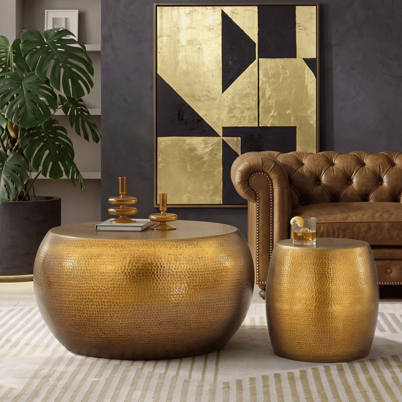 Modern 2-Piece Coffee Table and End Table Set with Aluminum Construction in Gold