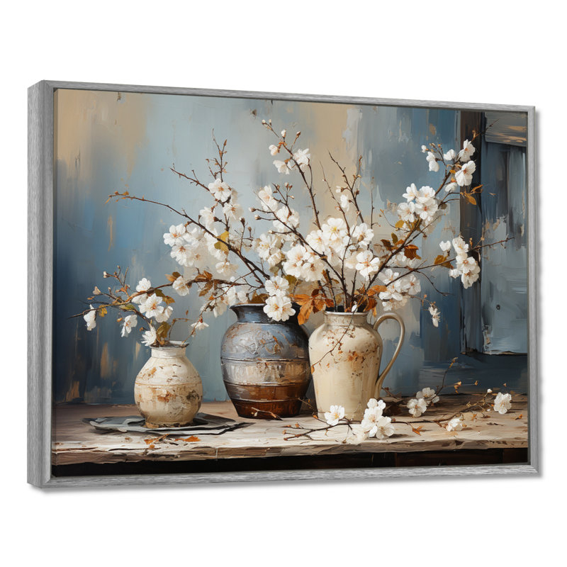 Art mural de poterie et de fleurs nature morte I, Reproduction avec cadre flottant, H 16 po x l 32 po, Argent argent