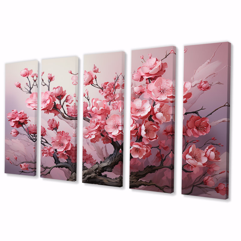 Cerisier rose Elegance In Bloom I - Arbre de cerisier en fleurs, art mural 5 pièces pour le salon, H 28 po x l 60 po