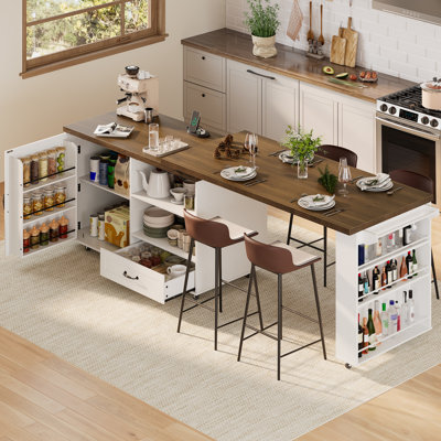 Îlot de cuisine 75,6 po avec plateau pivotant à 360 ° et prise de courant, chariot de cuisine roulant avec armoires de rangement et grande table