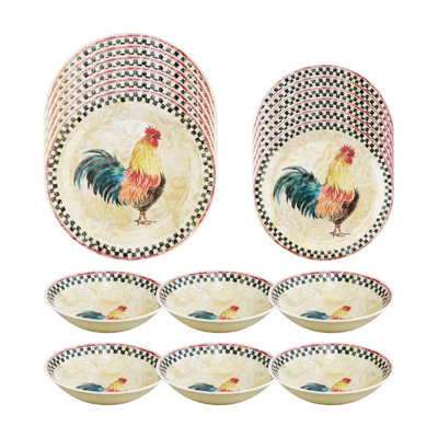 Country Rooster 18 Piece Melamine Dinnerware Set Plate and Bowl Set - Service for 6