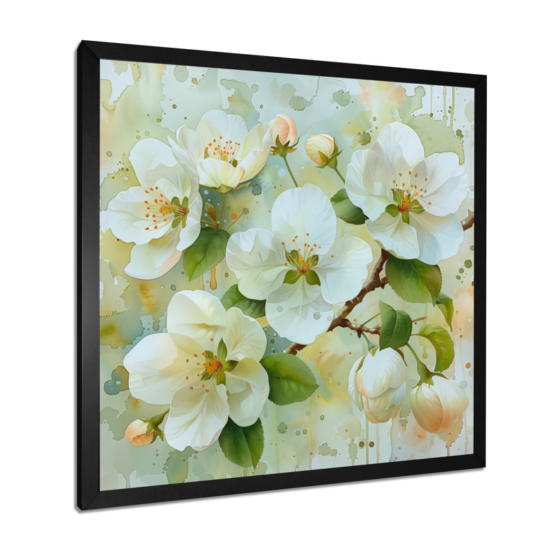 Symphonie de fleur de pommier blanc - décoration murale fleur de pommier, H 16 po x l 16 po, Cadre simple noir