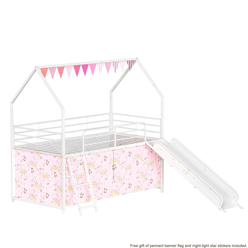 Jack Metal Junior House Loft Bed with Slide and Curtain Set and Pennant Banner Flag and Star Stickers