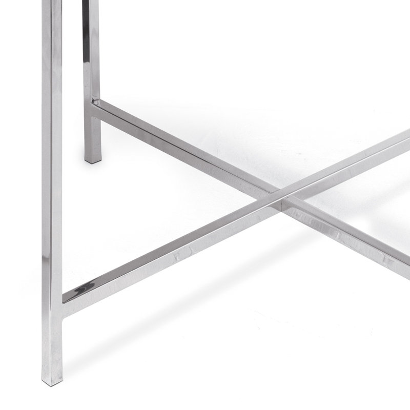 Round Blue Leather Tray Table with Polished Nickel Frame