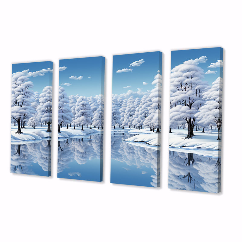 «Snowy Lake Winter Photo Landscape - Winter Landscape», art mural 4 pièces, H 32 po x l 64 po