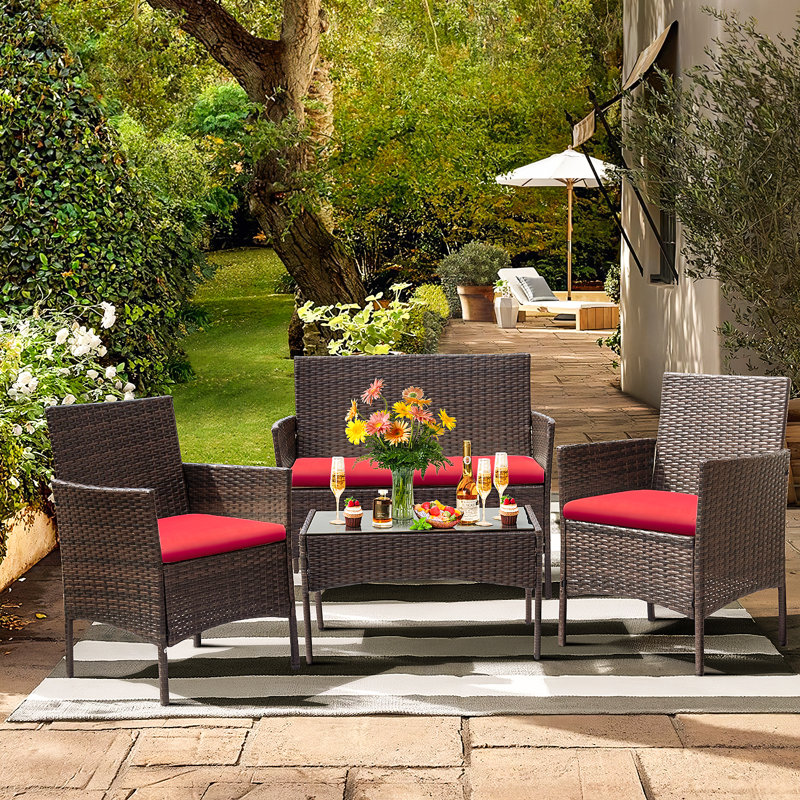 Rifiki 4 - Person Patio Conversation Set with Cushions, Brown, Red