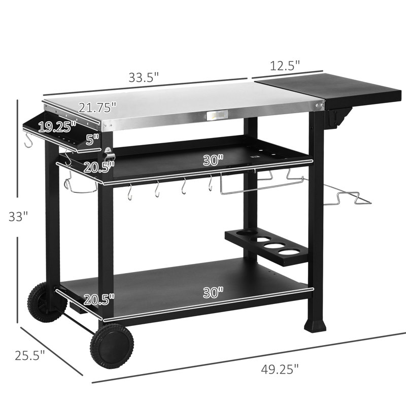 Chariot de barbecue extérieur avec tablette pliable, 46 po x 21,75 po, acier inoxydable, table de préparation, chariot de dessert mobile noir, côté