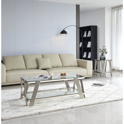 Modern Stainless Steel Coffee Table Set (Set Of 2), Double-Layer Clear Tempered Glass Table Top, Coffee Table & End Side Table 2-Pieces Sets For Living Room Home Office