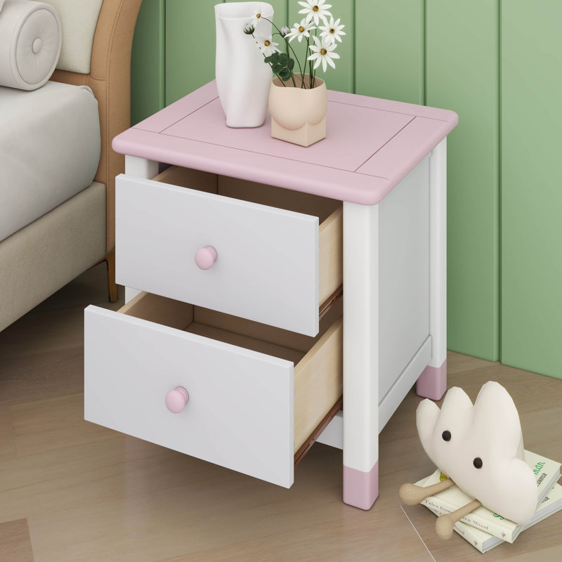 Table de chevet 2 tiroirs, Blanc / rose
