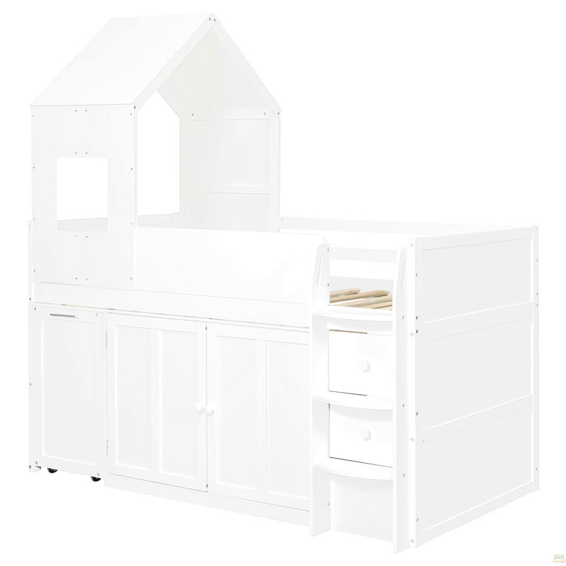 Lit mezzanine simple en bois avec bureau, tiroirs, armoires