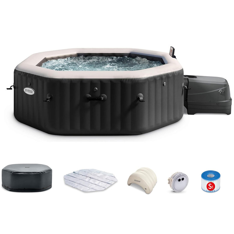 Intex: PureSpa Bubble Deluxe Spa Set - 6 Person, Black Onyx - 83 x 28" Inflatable Octagon Saltwater Hot Tub, 140 Jets, Energy Efficient Cover, 28457EP