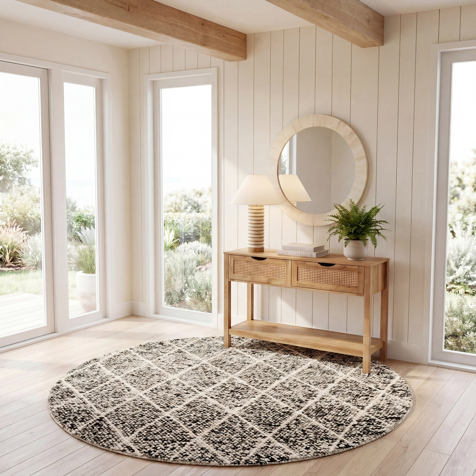 Russo Ivory Black Hand-Woven Geometric Wool Rug, Round 6'