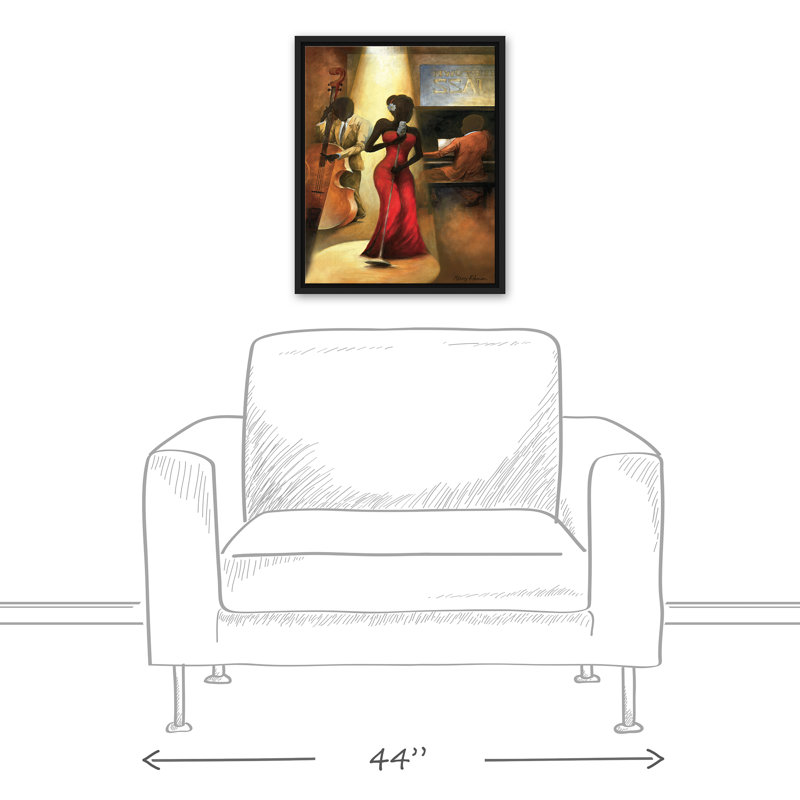 Chanteuse de jazz en rouge sur toile, H 21,75 po x l 17,75 po x P 1,75 po, Cadre flottant noir