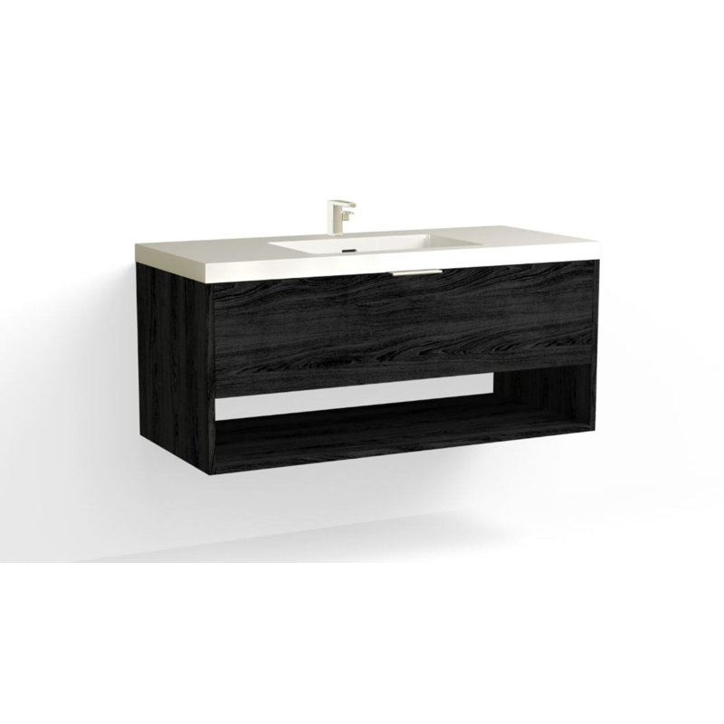 Modo 48" W Wall Mounted Single Bathroom Vanity, Glossy White/8" Widespread, Polished Nickel, Nocino
