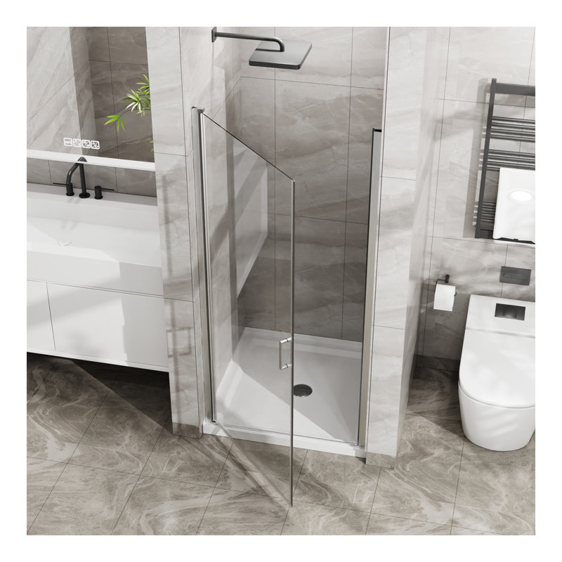 Pivot Shower Door, 1/4 inch Thick Tempered Glass Swing Shower Door, Semi-Frameless Design, Chrome
