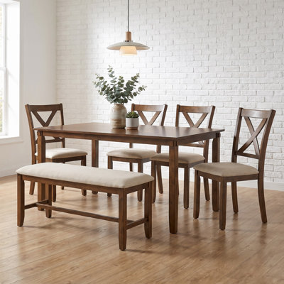 6-Piece Rectangular Dining Table Set with 4 Chairs & 1 Bench, X-Shaped Curved Backrests & Burlap Cushions – Wooden Dining Set for Kitchen and Dining R