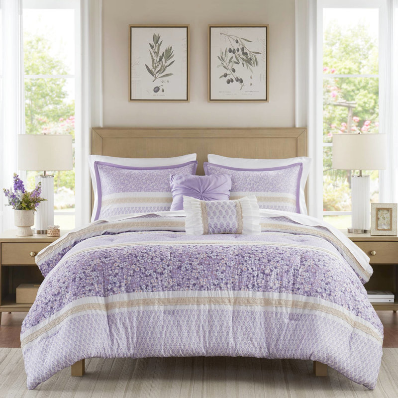 Édredon double / grand en seersucker - Esthétique, imprimés botaniques, coussins en tissu froncé, literie 5 pièces avec coussins décoratifs décoratifs, garniture de dentelle