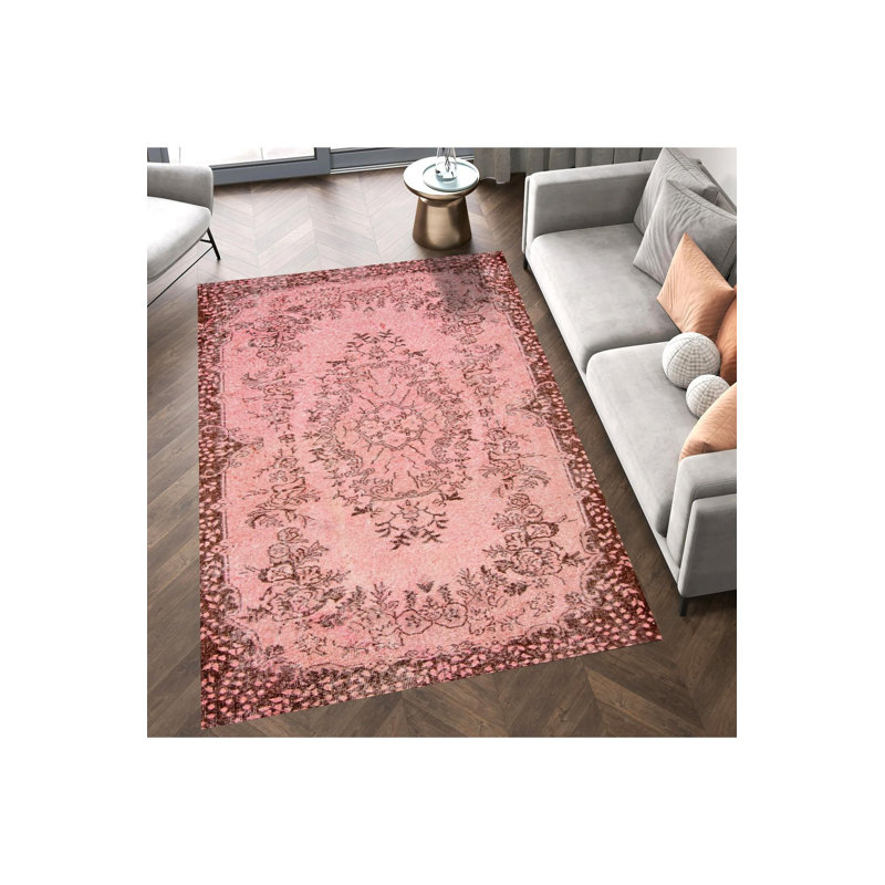 Tapis rose délavé à motif tissé délavé à la machine, Tapis de couloir 3 pi 3 po x 6 pi 7 po