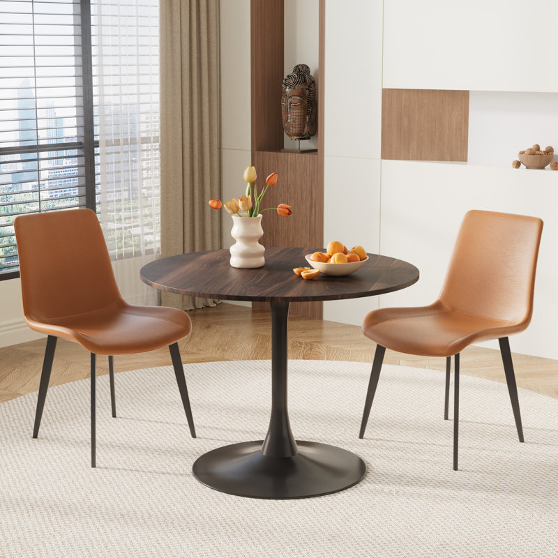 Petit ensemble de salle à manger à piédestal rond, Brown, Brun / Noir, 3 pièces: table, 2 chaises