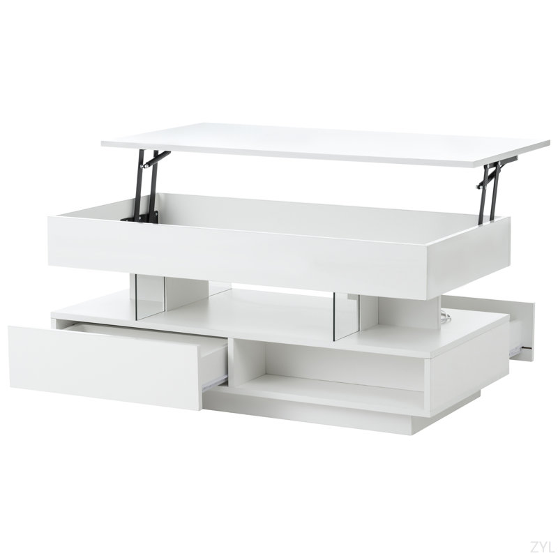 Table basse à plateau relevable de 39,3 po avec compartiment caché, 2 tiroirs de rangement et lumières DEL ajustables, tables basses multifonctionnelles modernes pour le salon, la chambre à coucher et le bureau