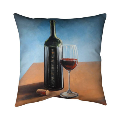 Bottle of bordeaux with whine glass - 18"x18" Throw pillow - Poly twill - Print on demand