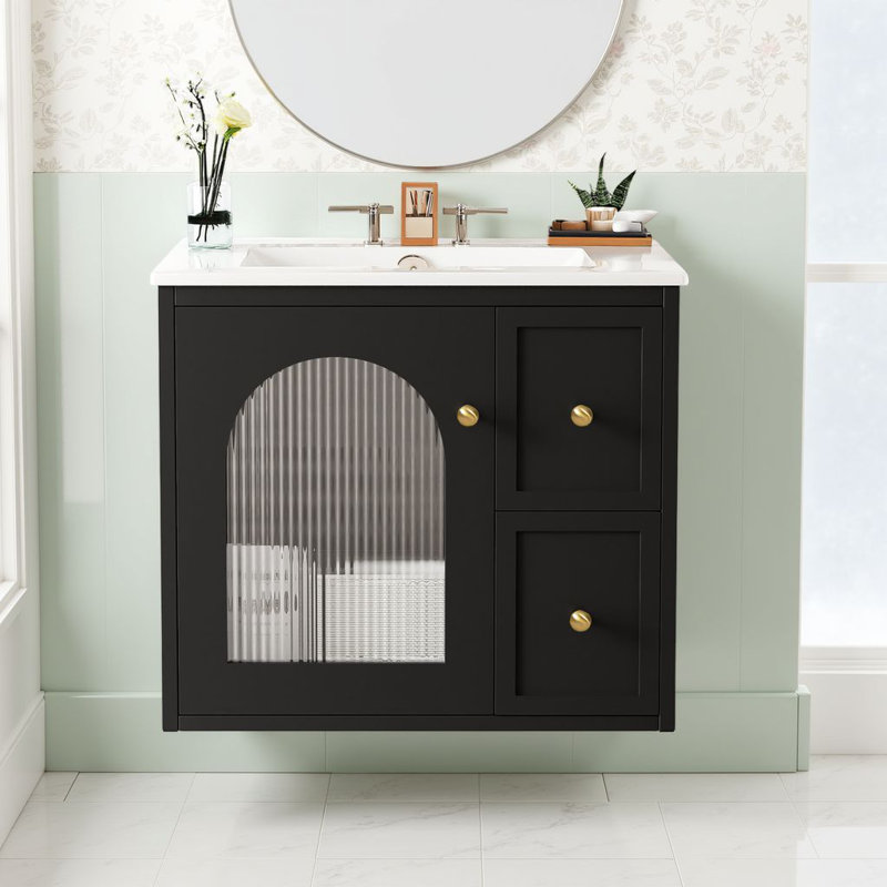 Ensemble de meuble-lavabo mural 24 po avec lavabo en céramique et rangement en verre?, Noir