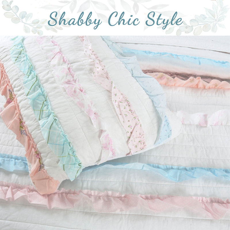Pink and White Ruffle Reversible Cotton Twin Quilt Set