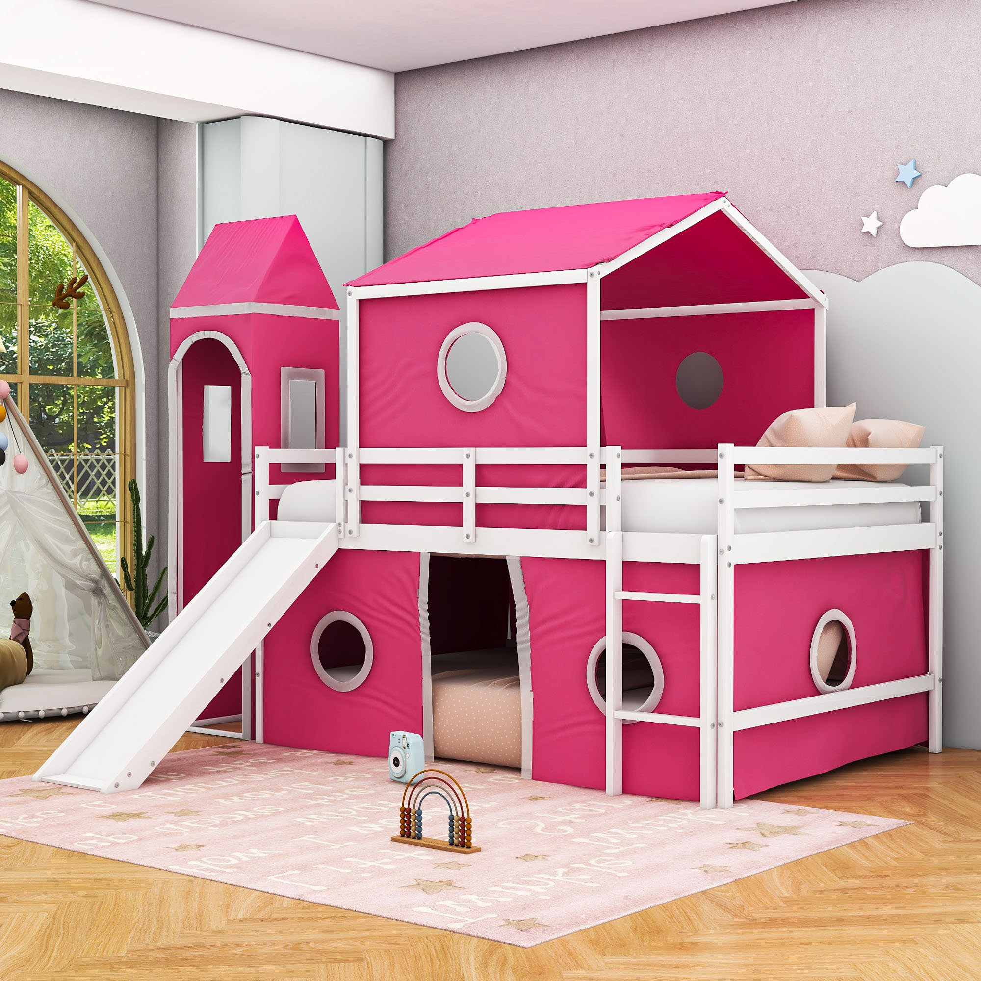 Twin Pink Kids Bunk Bed with Slide, Tent \u0026 Tower by Viv + Rae, image size:2000x2000
