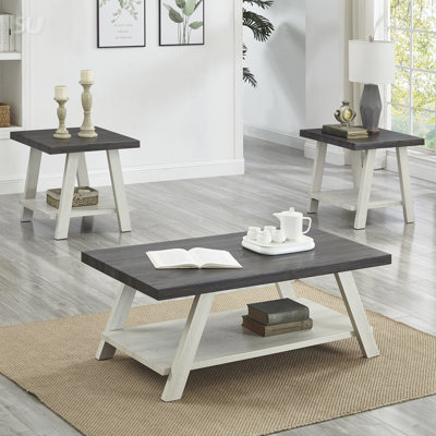 Ensemble de 3 tables basses contemporaines à tablette en bois gris anthracite et beige, pour un décor rustique ou moderne
